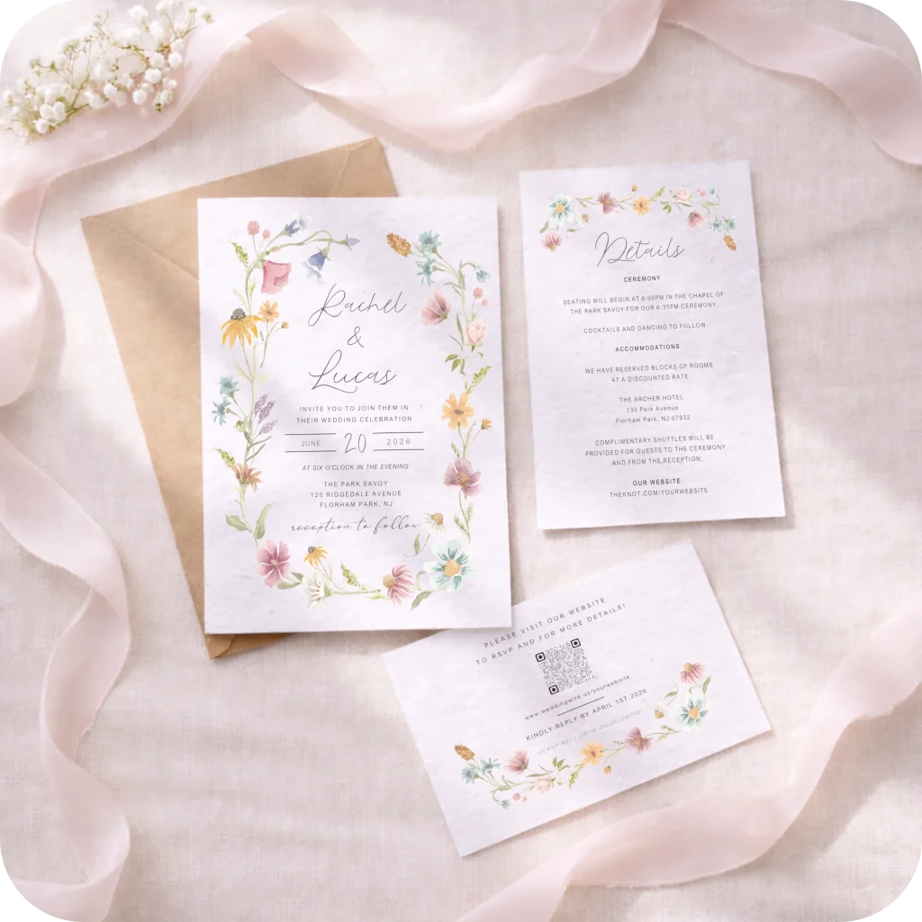 Flora wedding invitation suite with illustrated flowers and matching stationery